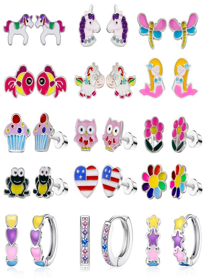 SYNLIN 15 Pairs Stud Earrings Set :12 Pairs Unique Cartoon Flat Back Earrings for Teens Girl & 3 Pairs Mini Hoops with Stainless Steel Posts and Screwback Earring for Girls(A) - Image 1