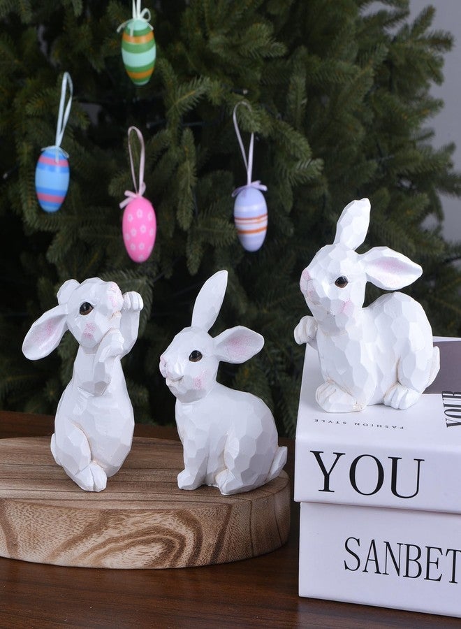 GHOSTMAGIC Easter Bunny Figurines, 3PCS White Resin Rabbit Decor with Hand-Carved Texture, Cute Easter Bunnies Collectables for Home Spring Tabletop Centerpiece, Tiered Tray, Shelf (White) - Image 3