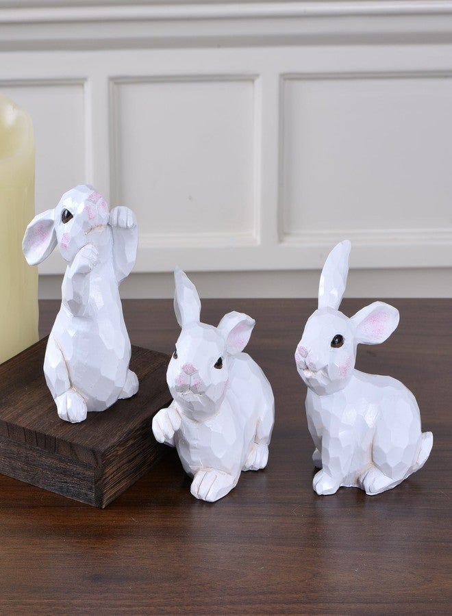 GHOSTMAGIC Easter Bunny Figurines, 3PCS White Resin Rabbit Decor with Hand-Carved Texture, Cute Easter Bunnies Collectables for Home Spring Tabletop Centerpiece, Tiered Tray, Shelf (White) - Image 1