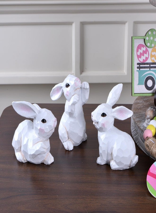 GHOSTMAGIC Easter Bunny Figurines, 3PCS White Resin Rabbit Decor with Hand-Carved Texture, Cute Easter Bunnies Collectables for Home Spring Tabletop Centerpiece, Tiered Tray, Shelf (White) - Image 5
