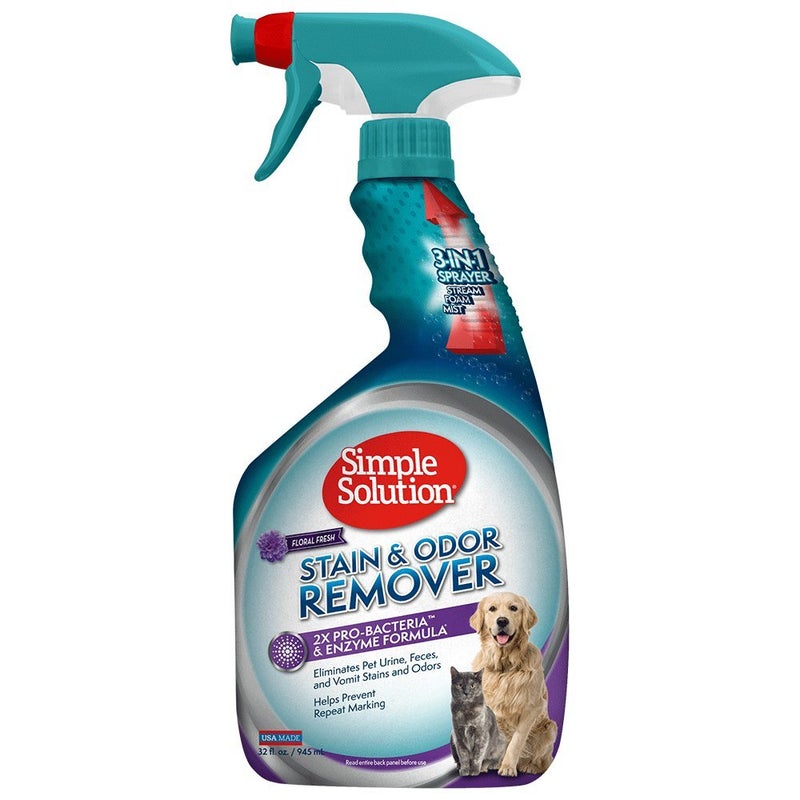 Simple Solution Stain and Odor Eliminator Spray for Dogs & Cats, Enzyme Cleaner With 2X Pro-Bacteria Cleaning Power, Strong Smell Remover for Carpets, Upholstery & Floors, Floral Fresh Scent, 32 oz - Image 1