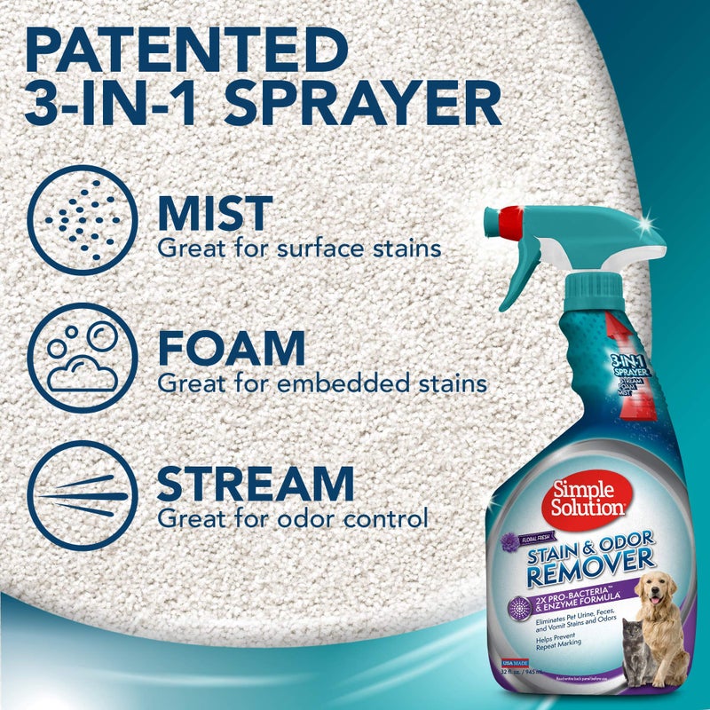 Simple Solution Stain and Odor Eliminator Spray for Dogs & Cats, Enzyme Cleaner With 2X Pro-Bacteria Cleaning Power, Strong Smell Remover for Carpets, Upholstery & Floors, Floral Fresh Scent, 32 oz - Image 3