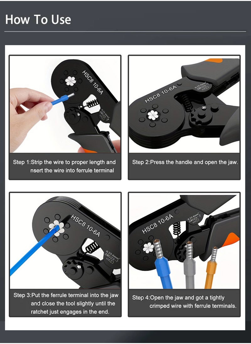 Hand Crimping Tool HSC8 10-6A 0.25-10mm² Ferrule Crimping Tool Set, 1200PCS Terminal Assortment Kit, Hexagonal Crimping for Cold Press Wire Connectors Electrician Clamp Sets