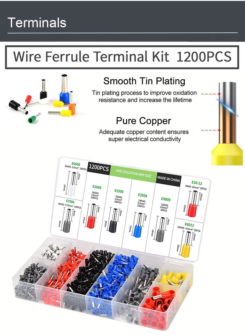 Hand Crimping Tool HSC8 10-6A 0.25-10mm² Ferrule Crimping Tool Set, 1200PCS Terminal Assortment Kit, Hexagonal Crimping for Cold Press Wire Connectors Electrician Clamp Sets