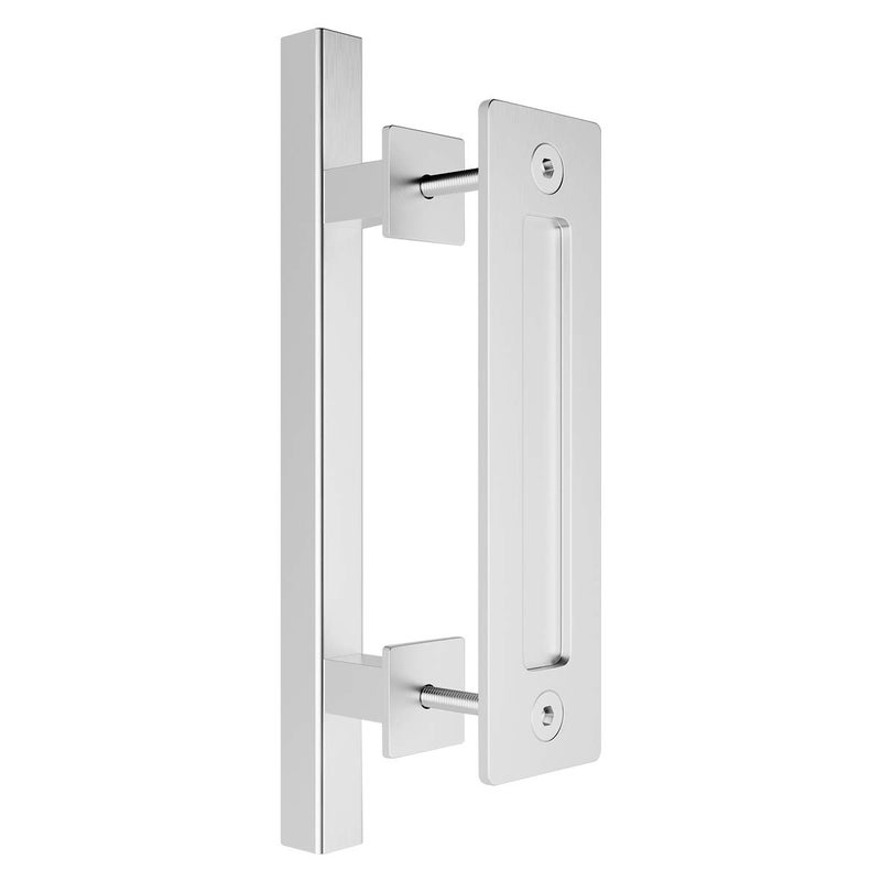SMARTSTANDARD Heavy Duty 12 Pull and Flush Barn Door Handle Set Large Rustic TwoSide Design for Gates Garages Sheds Furniture Solid Stainless Steel Square Silver