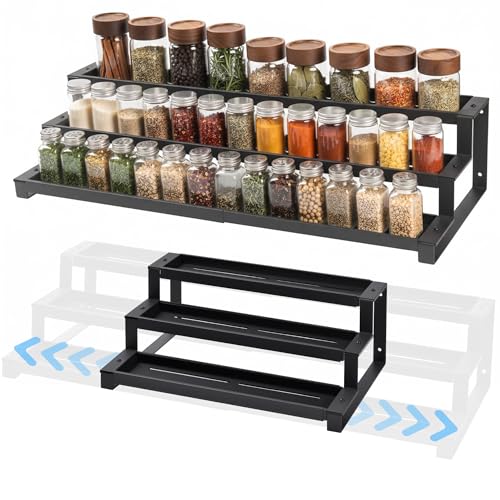 GOENDR 3Tier Spice Rack Organizer for Kitchen Cabinet or Pantry 1629 Expandable Spice Organization Shelf Seasoning Organizer Metal Display Shelf SlipResistant Design for Jars and Bottles Black - Image 1
