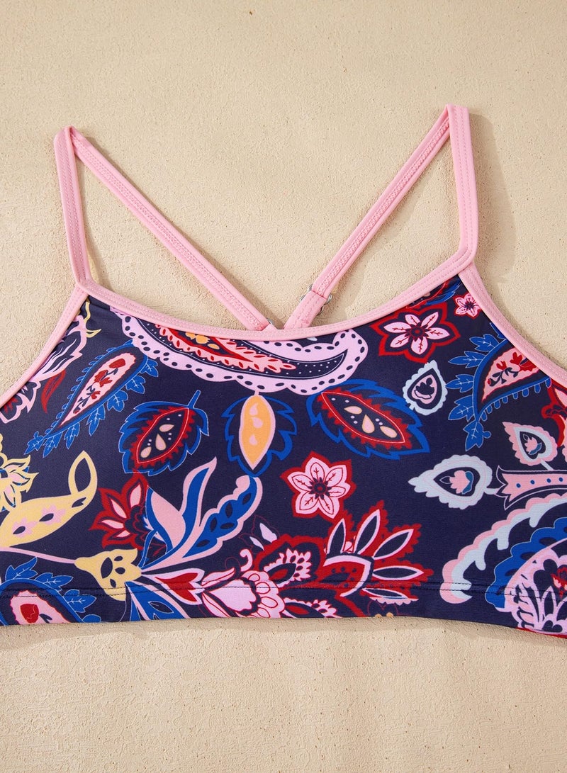 blibean Tween Girls Swimsuit Teen 3 Piece Bathing Suit with Cover Up Big Kids Cute Bikini Set Mesh Tankini Top Summer Boho Floral Swimwear Beach Traje Baño Niñas Size 10-11 Year Old Navy Blue - Image 5