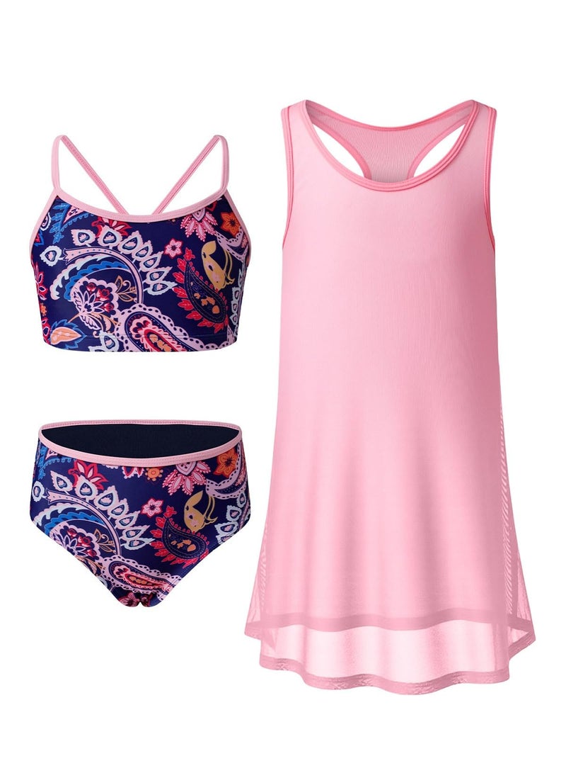 blibean Tween Girls Swimsuit Teen 3 Piece Bathing Suit with Cover Up Big Kids Cute Bikini Set Mesh Tankini Top Summer Boho Floral Swimwear Beach Traje Baño Niñas Size 10-11 Year Old Navy Blue - Image 1