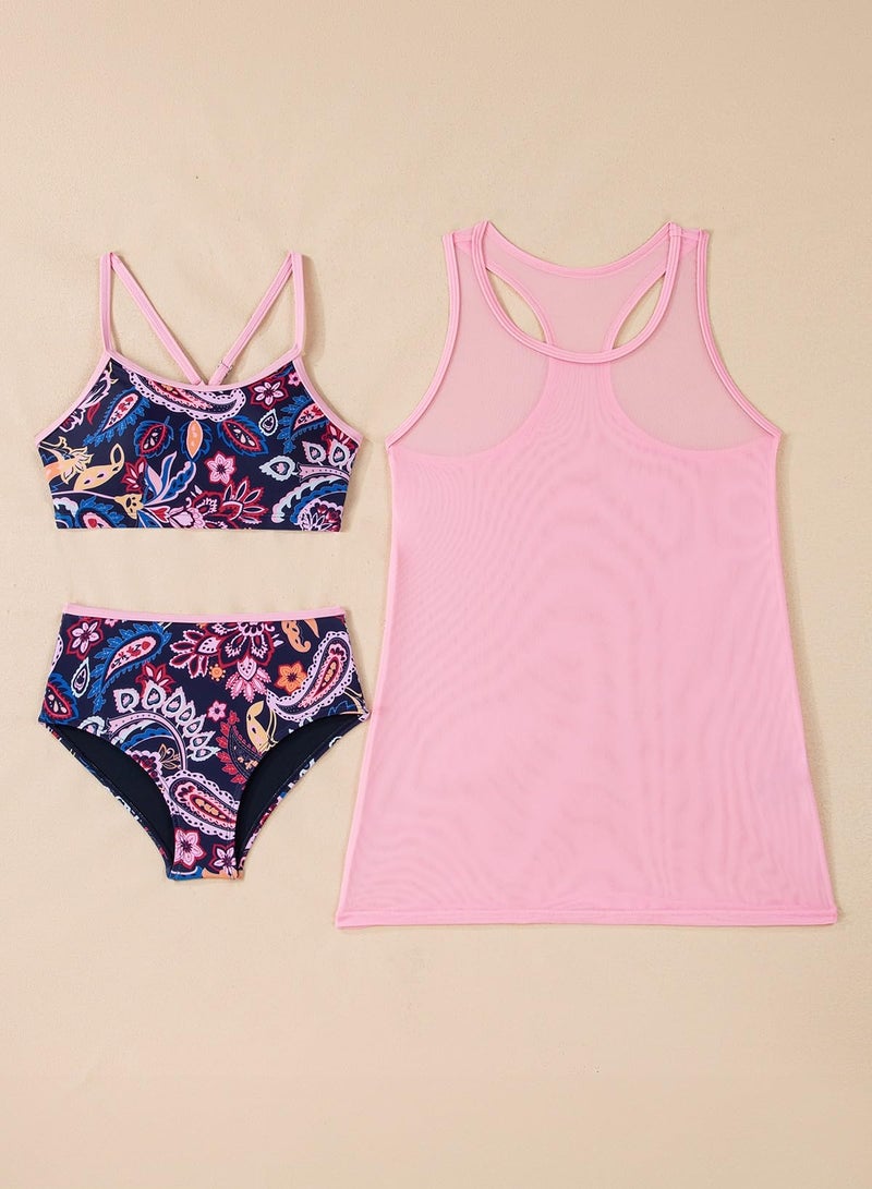 blibean Tween Girls Swimsuit Teen 3 Piece Bathing Suit with Cover Up Big Kids Cute Bikini Set Mesh Tankini Top Summer Boho Floral Swimwear Beach Traje Baño Niñas Size 10-11 Year Old Navy Blue - Image 3