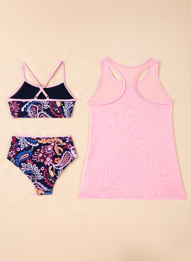 blibean Tween Girls Swimsuit Teen 3 Piece Bathing Suit with Cover Up Big Kids Cute Bikini Set Mesh Tankini Top Summer Boho Floral Swimwear Beach Traje Baño Niñas Size 10-11 Year Old Navy Blue - Image 4