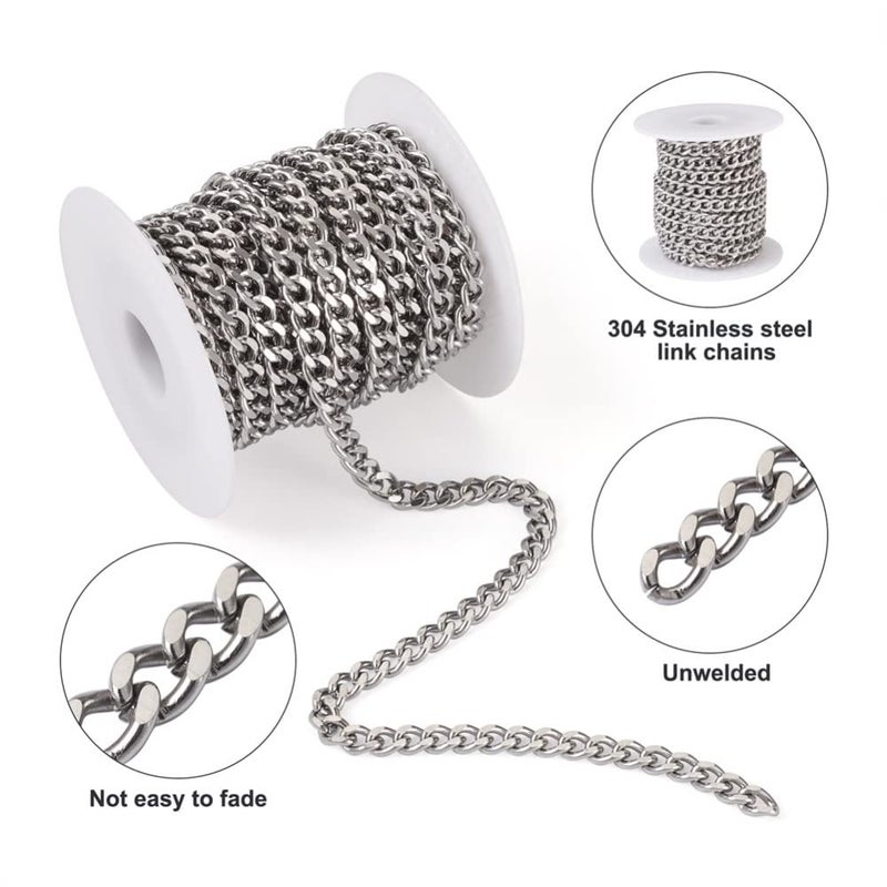 Mega Pet 164 Feet5M Stainless Steel Chain Metal Color Unwelded Cuban Link Chain Faceted Curb Cable Chains Necklace Chain Links 7x5mm with Spool for DIY Jewelry Making Stainless Steel No Gemstone - Image 2