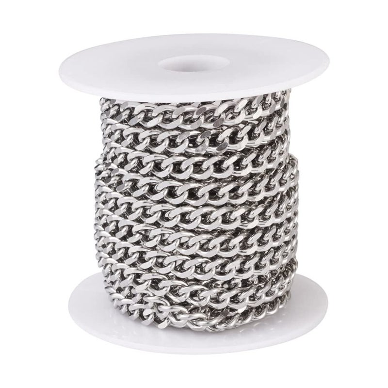 Mega Pet 164 Feet5M Stainless Steel Chain Metal Color Unwelded Cuban Link Chain Faceted Curb Cable Chains Necklace Chain Links 7x5mm with Spool for DIY Jewelry Making Stainless Steel No Gemstone - Image 1