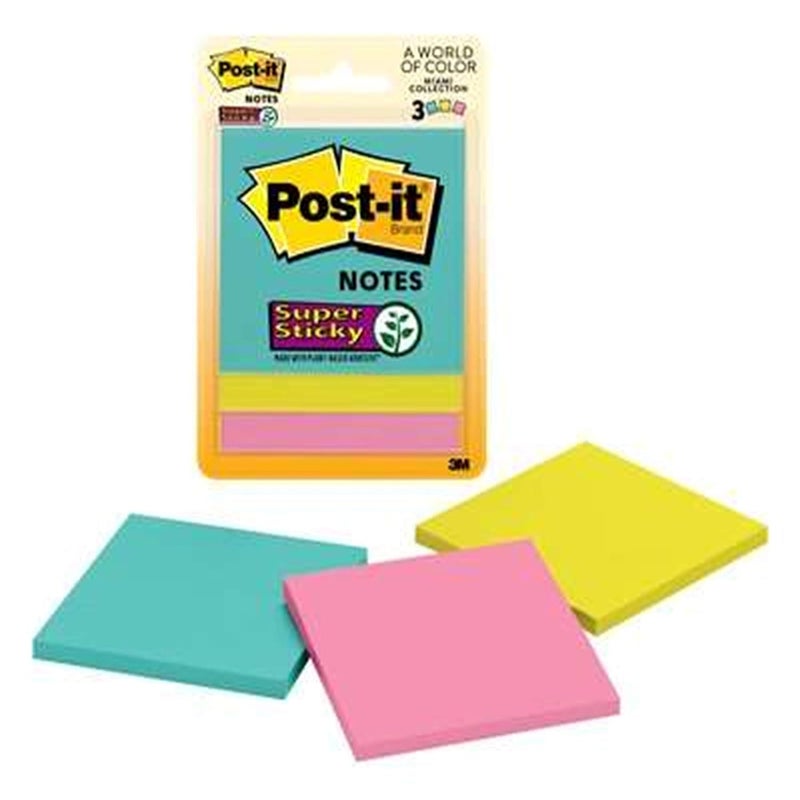 Post It ملاحظات 3M فائقة اللصق | قوة لصق 2X | 3 دفاتر × 45 ورقة | 3" × 3" | ملاحظات، تذكيرات، دراسة، مدرسة وتنظيم | ألوان نيون زاهية - Image 1