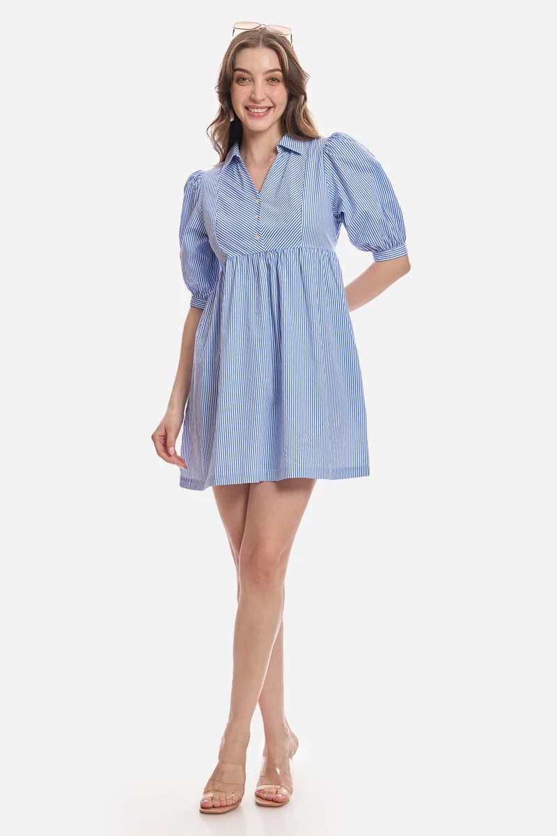 فيرجيو Stripes Cotton Puff Sleeve Mini Shirt Dress for Women