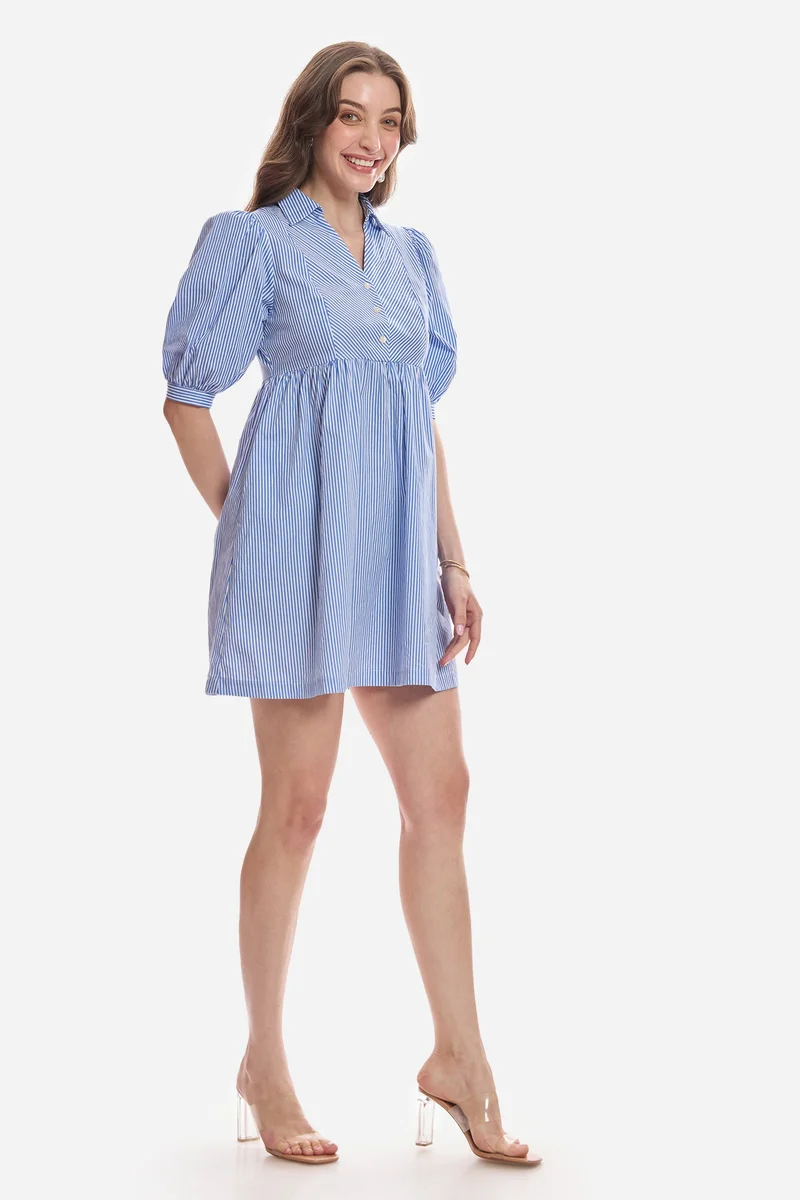 Virgio  Stripes Cotton Puff Sleeve Mini Shirt Dress for Women for Women | Best Price UAE