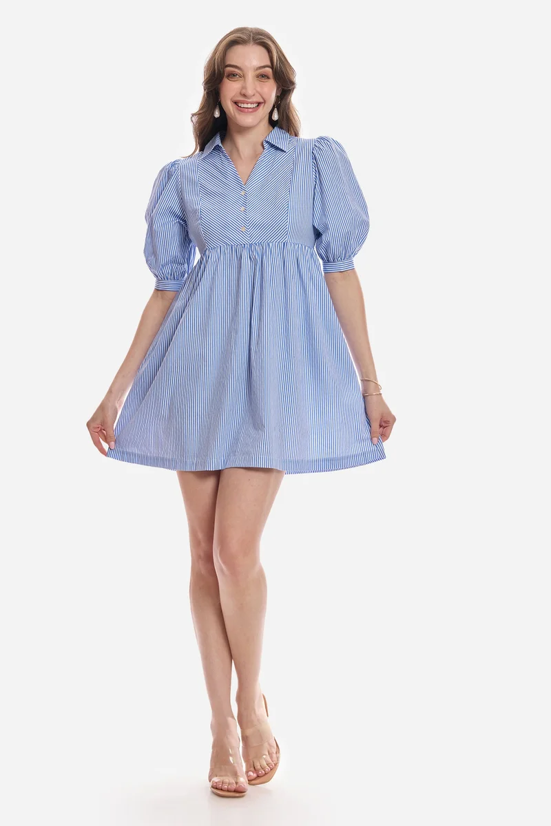 فيرجيو Stripes Cotton Puff Sleeve Mini Shirt Dress for Women