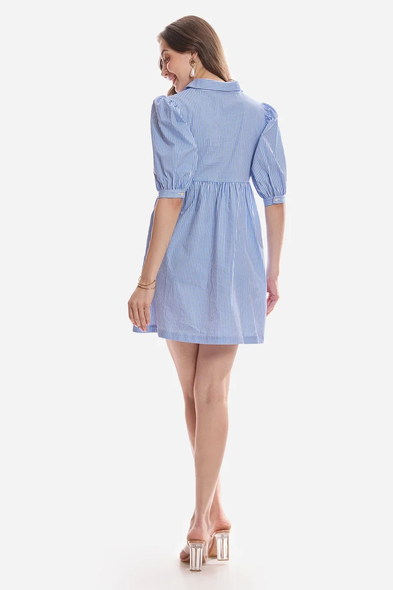 Virgio  Stripes Cotton Puff Sleeve Mini Shirt Dress for Women for Women | Best Price UAE