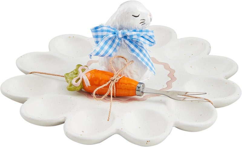 MudPie Bunny Deviled Egg Platter; platter 10" dia | bunny 3 1/2" | fork 5" - Image 1