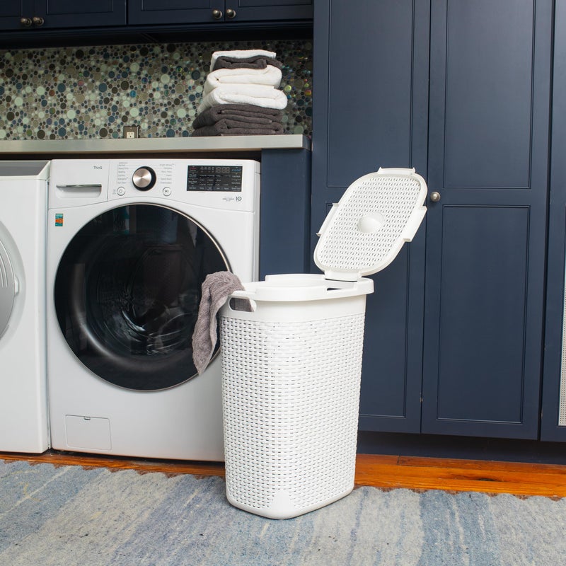 Mind Reader Slim Laundry Hamper with Lid, 60L Tall Clothes Basket, Narrow Tapered Design for Bathrooms, Closets and Laundry Rooms, Plastic, 2 Pack, White - Image 2