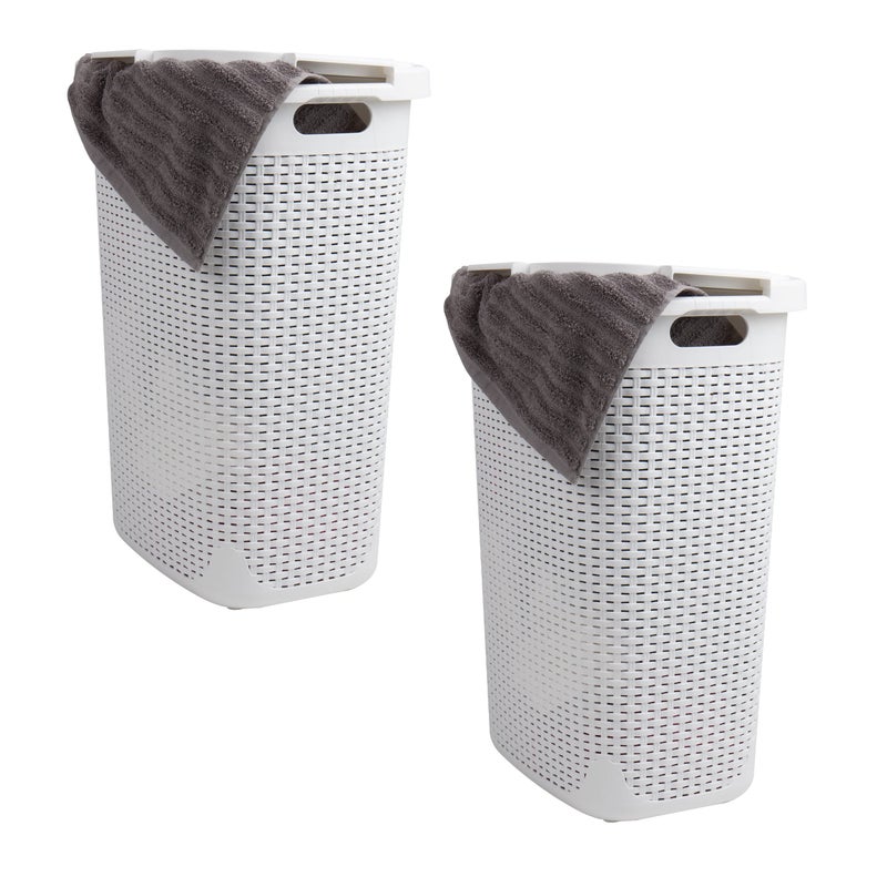 Mind Reader Slim Laundry Hamper with Lid, 60L Tall Clothes Basket, Narrow Tapered Design for Bathrooms, Closets and Laundry Rooms, Plastic, 2 Pack, White - Image 1