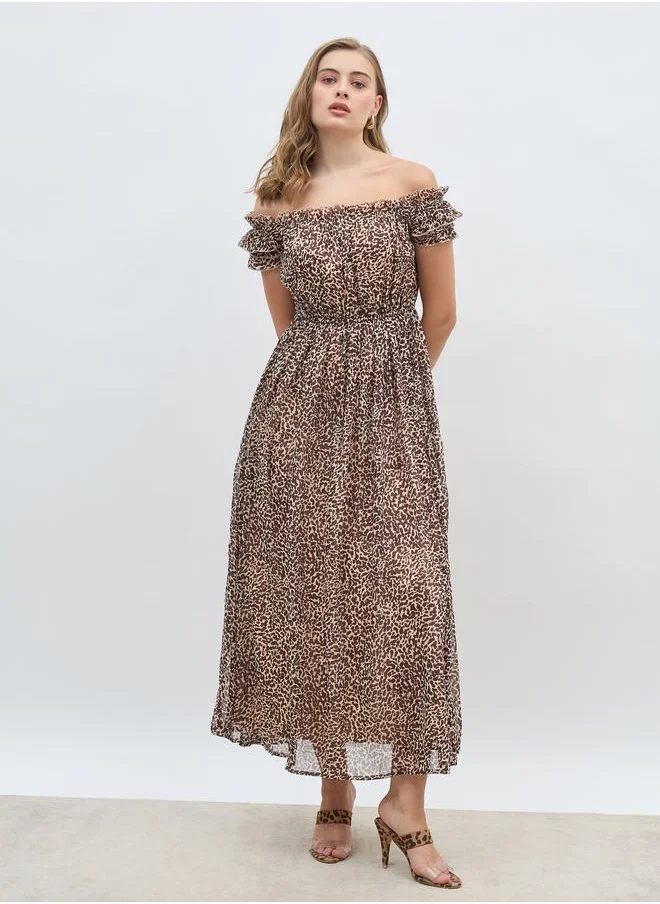 ستايلي Styli All-Over Floral Print Off Shoulder A-Line Maxi Dress with Ruffle Trim