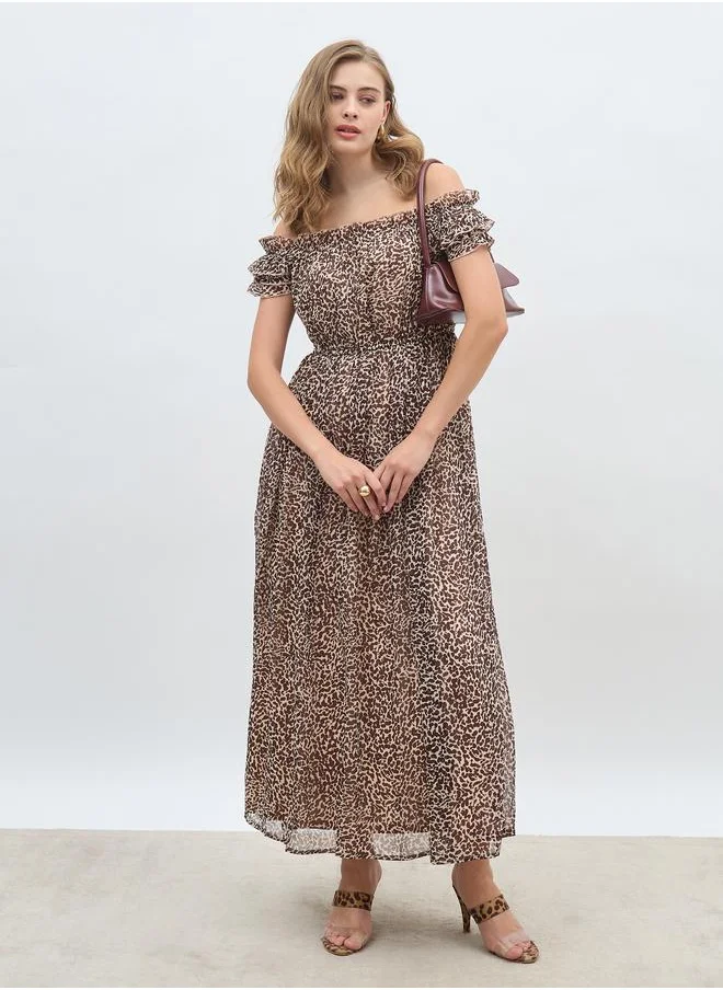 ستايلي Styli All-Over Floral Print Off Shoulder A-Line Maxi Dress with Ruffle Trim