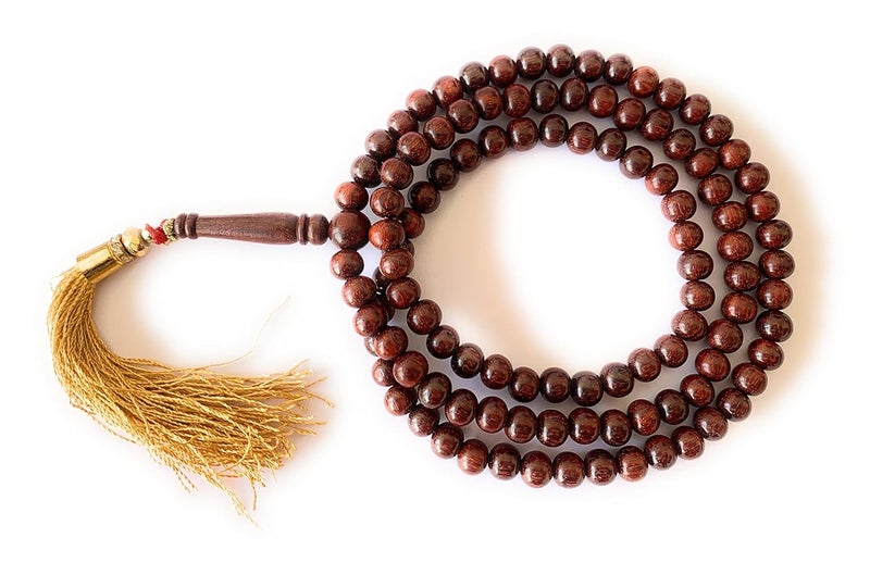 RDK Red Sandalwood (Lal Chandan) Islamic Tasbih Prayer Mala Beautiful Engraved Allah Mohammad TASBEEH/Muslim Prayer Beads/TASBIH/SIBHAA Islamic Salat Prayer Tasbeeh 100 Beads 6 MM - Image 1