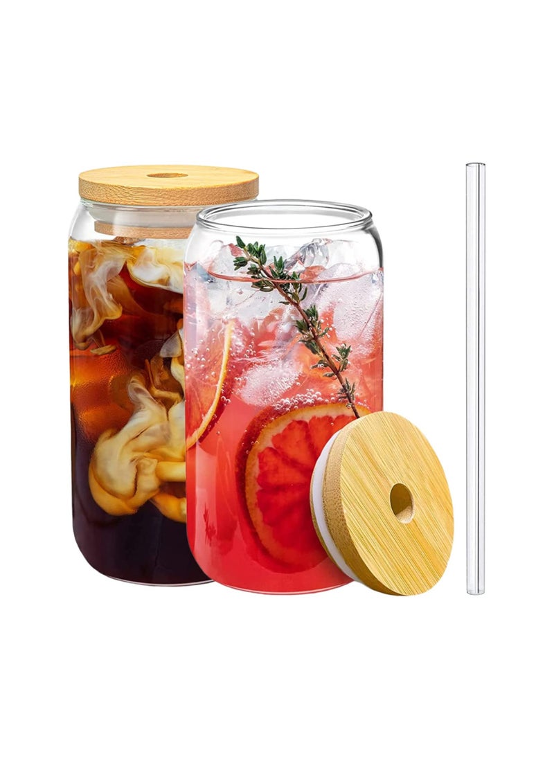 Generic - 2-Piece Tin Shaped Glass Cups with Bamboo and Straw Lids Iced Coffee Mugs Cute Cup Water Cups Party Drinking Gadgets for Any Beverage and Any Gift Occasion Clear 500 ml - Image 1