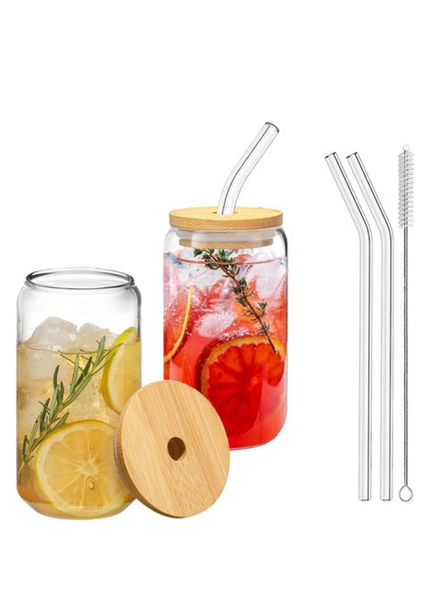 2-Piece Tin Shaped Glass Cups with Bamboo and Straw Lids Iced Coffee Mugs Cute Cup Water Cups Party Drinking Gadgets for Any Beverage and Any Gift Occasion Clear 500 ml