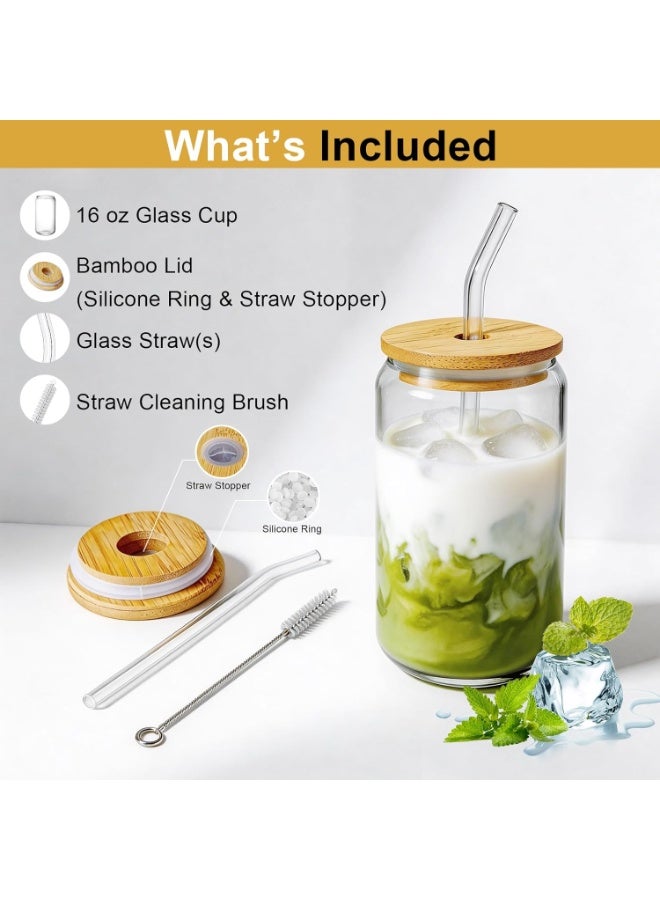 HOME ZONE 2-Piece Tin Shaped Glass Cups with Bamboo and Straw Lids Iced Coffee Mugs Cute Cup Water Cups Party Drinking Gadgets for Any Beverage and Any Gift Occasion Clear - Image 4