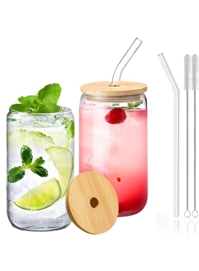 HOME ZONE 2-Piece Tin Shaped Glass Cups with Bamboo and Straw Lids Iced Coffee Mugs Cute Cup Water Cups Party Drinking Gadgets for Any Beverage and Any Gift Occasion Clear - Image 1