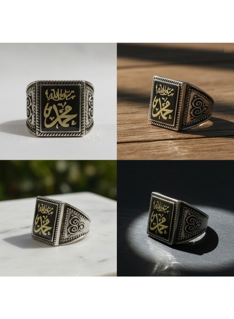 DubaiGallery خاتم فضة إسلامي للرجال مع نقش "محمد ﷺ" – خاتم ختم عتيق مصنوعة يدويًا من الفضة الاسترلينية مع خط عربي ذهبي "محمد رسول الله" – خاتم إسلامي عتيق من العقيق الأسود مع نقش ذهبي "محمد ﷺ" – مجوهرات دينية للرجال - Image 4