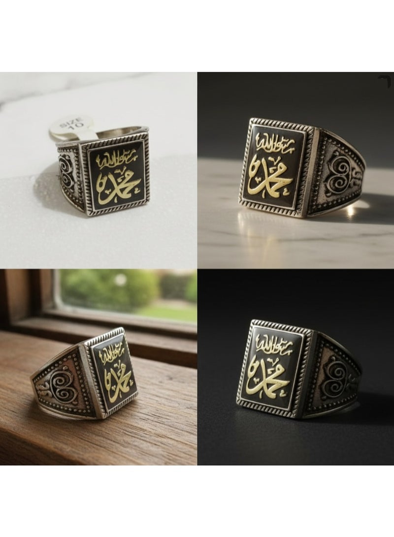 DubaiGallery خاتم فضة إسلامي للرجال مع نقش "محمد ﷺ" – خاتم ختم عتيق مصنوعة يدويًا من الفضة الاسترلينية مع خط عربي ذهبي "محمد رسول الله" – خاتم إسلامي عتيق من العقيق الأسود مع نقش ذهبي "محمد ﷺ" – مجوهرات دينية للرجال - Image 3