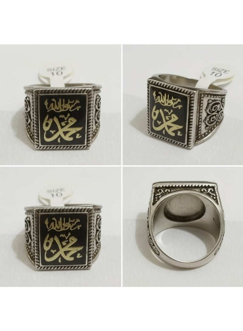 DubaiGallery خاتم فضة إسلامي للرجال مع نقش "محمد ﷺ" – خاتم ختم عتيق مصنوعة يدويًا من الفضة الاسترلينية مع خط عربي ذهبي "محمد رسول الله" – خاتم إسلامي عتيق من العقيق الأسود مع نقش ذهبي "محمد ﷺ" – مجوهرات دينية للرجال - Image 5
