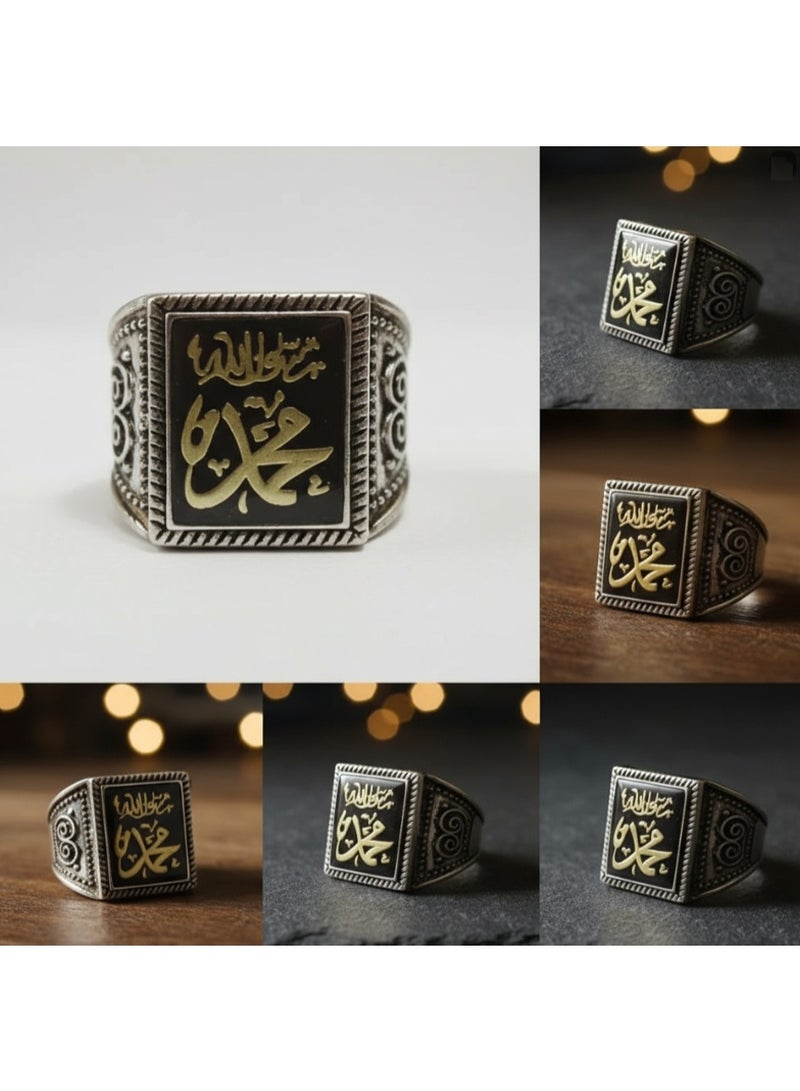 DubaiGallery خاتم فضة إسلامي للرجال مع نقش "محمد ﷺ" – خاتم ختم عتيق مصنوعة يدويًا من الفضة الاسترلينية مع خط عربي ذهبي "محمد رسول الله" – خاتم إسلامي عتيق من العقيق الأسود مع نقش ذهبي "محمد ﷺ" – مجوهرات دينية للرجال - Image 2