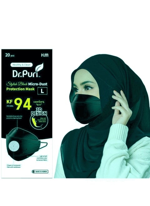 20 Pieces KF94 Micro-Dust Protection Face Mask PFE 94% Breathable Mask with Quadruple Filtration System 20 pcs Individually Sealed Made in Korea (Black)