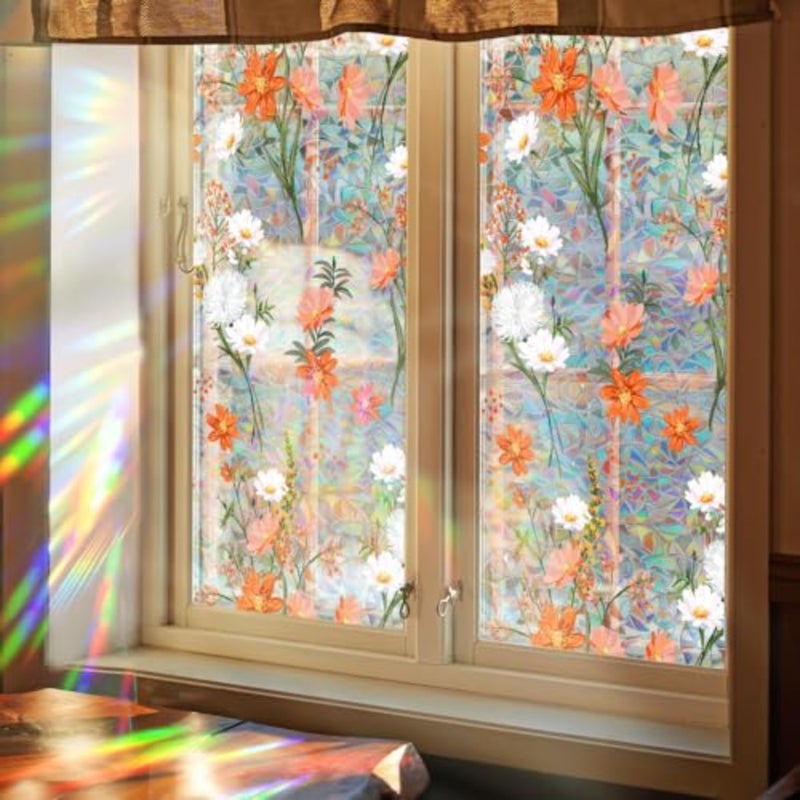 Rainbow Boho Daisy Flowers Privacy Film - 3D Decorative Vinyl Stained Glass Window Clings, Static Cling Decals, Non-Adhesive Sticker, 15.75 x 40 Inches - Image 1