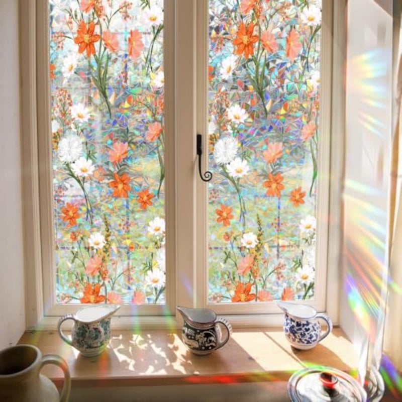 Rainbow Boho Daisy Flowers Privacy Film - 3D Decorative Vinyl Stained Glass Window Clings, Static Cling Decals, Non-Adhesive Sticker, 15.75 x 40 Inches - Image 3