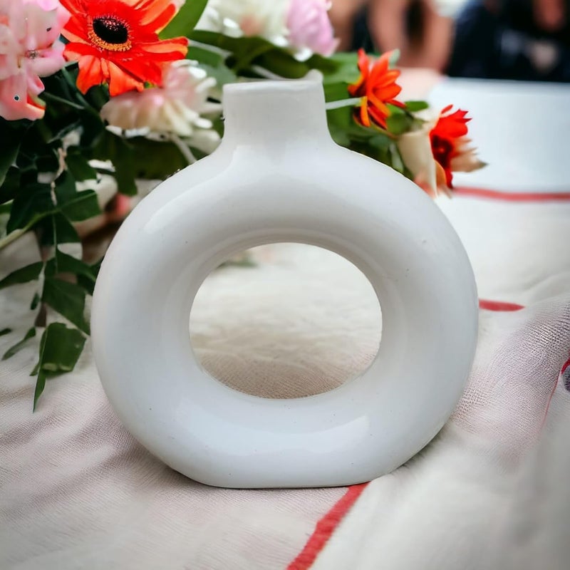 MALAIKAH Malaikah Ceramic Flower Vase 6 Inches White Donut Ring Shape for Home Office Table Decor Beautiful and Classy Flower Vase Pack of 1  - Image 1