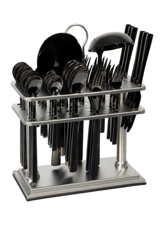 38-Piece 18/10 Stainless Steel Spoon Set Knife and Forks with cutlery holder - Tea & Ice Spoons - Dinner & Cake Fork - Fruit Knife - Soup ladle - Rice Server - Service for 6 Black 