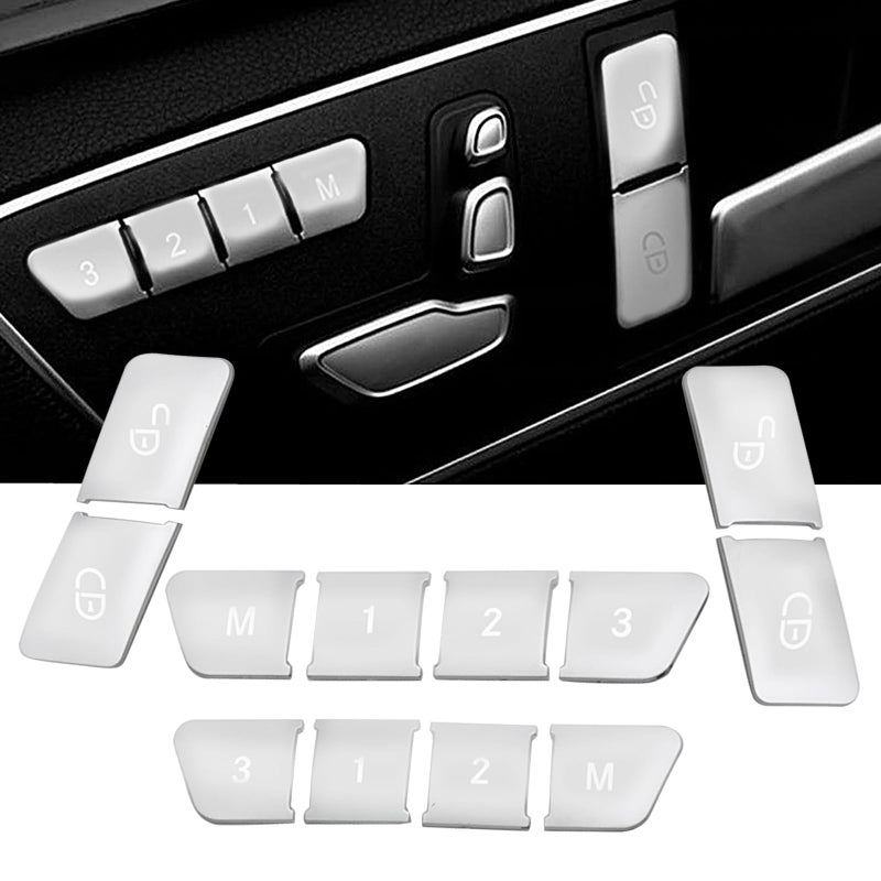 12pcs Car Seat Memory Door Lock Unlock Button Sticker Adjust Switch Button Trim Cover Replacement for Benz C Class E Class CLA GLA CLE Silver