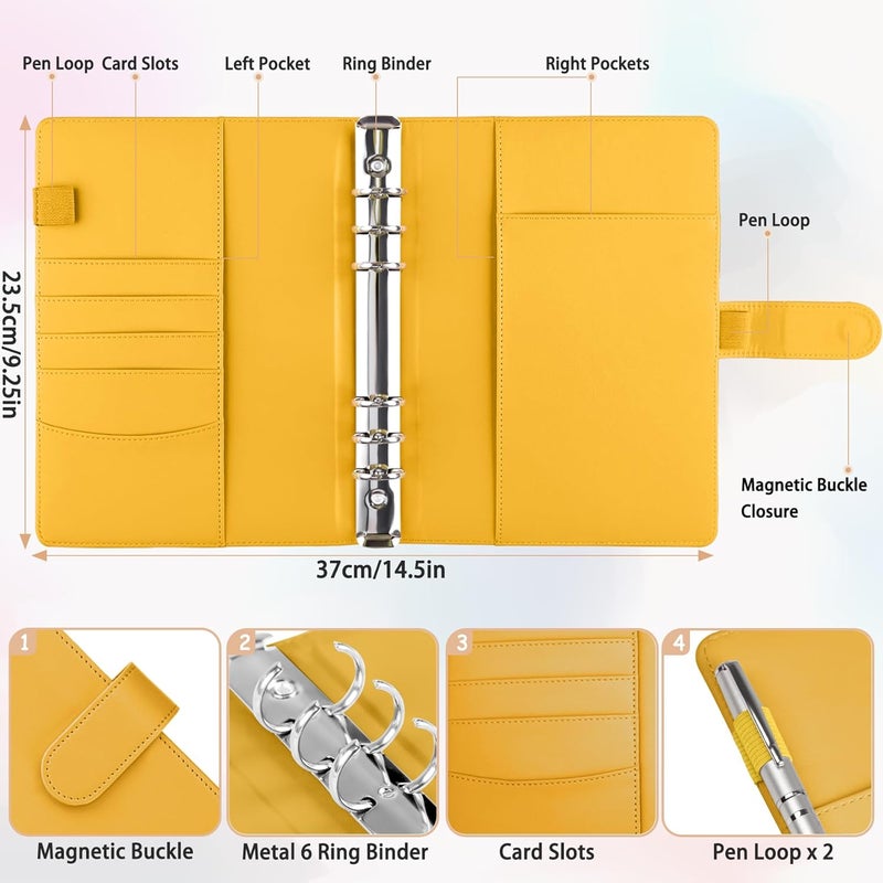 Antner A5 Binder 6 Ring Refillable Notebook Planner Cover, PU Leather Aesthetic Small Binder Loose Leaf Photocard Holder Budget Planner for Cash Organizer with Magnetic Buckle, Lemon Yellow - Image 3