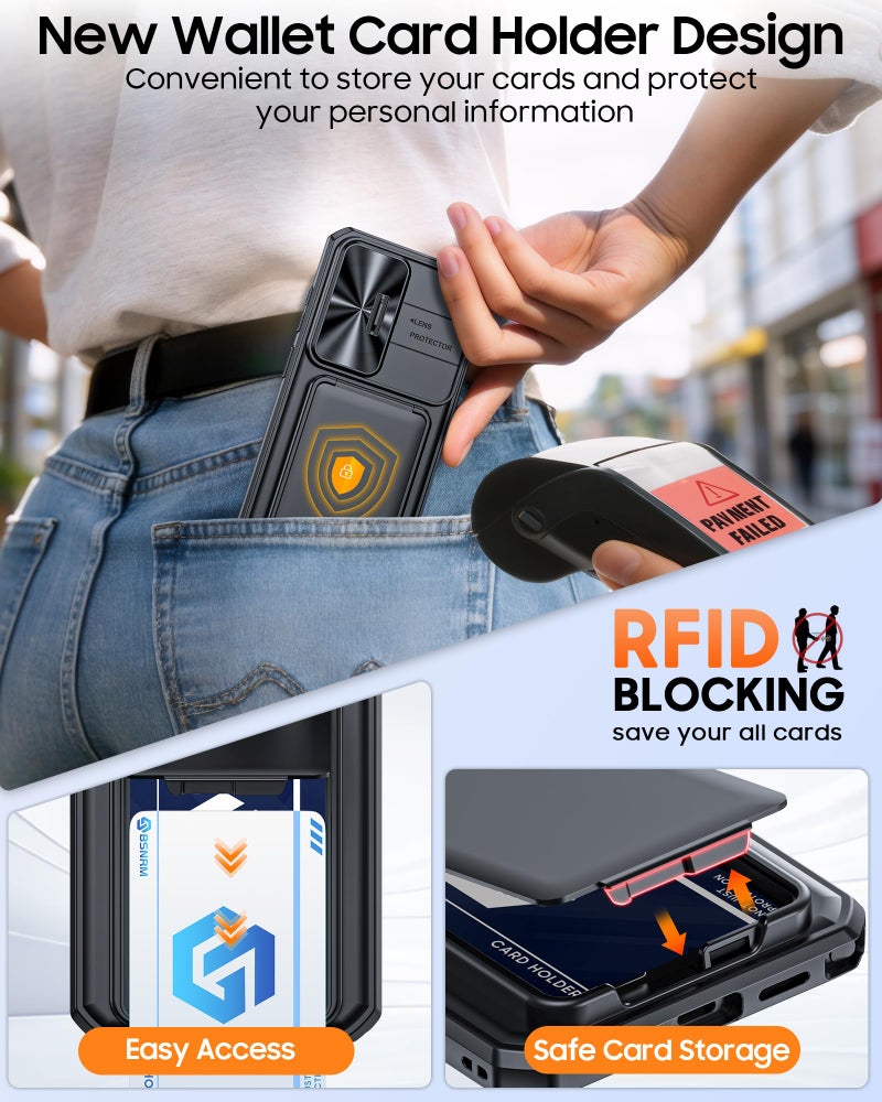 BSNRM for Samsung Galaxy S26 Ultra Case Wallet with RFID Blocking, Card Holder, Slide Camera Lens Cover, Silicone Edge Raised, Rugged Heavy Duty Phone Cover Case for Galaxy S26 Ultra, 2026, Black - Image 3