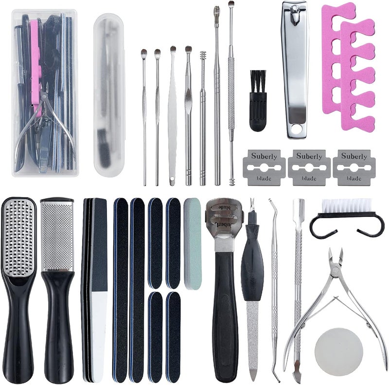 31Pcs Foot  Hand File Pedicure Tools Kit for Dead Skin Remove Nail Maintain with Cleaning Storage Box for Men Women Salon or Home Best Gift