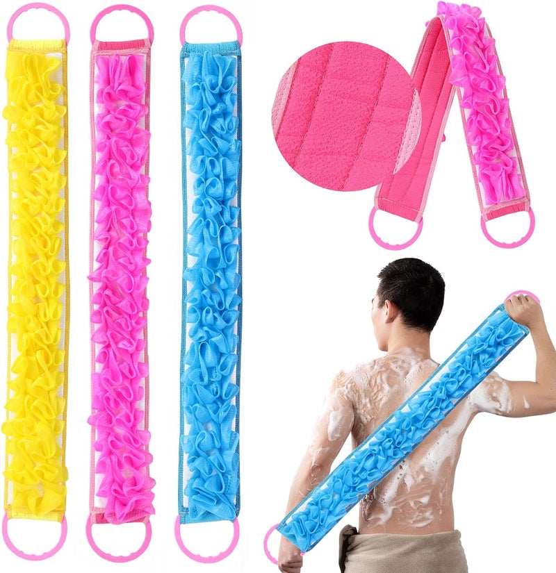 3 PACK Double-Sided Lace Cloth Back Loofah Scrubber Bath Scrub Shower Sponge Long Exfoliating Back Scrubber Scratcher Strap With Handle, Cream Skin Wash Cleaner Applicator