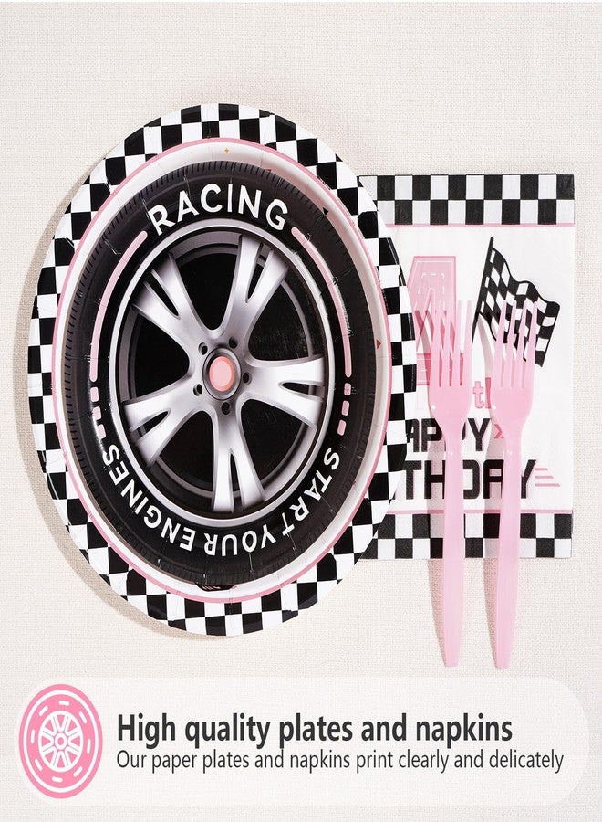 Grencian مجموعة أدوات مائدة لحفلة عيد ميلاد "نيد فور سبيد" مكونة من 96 قطعة، بتصميم سيارة سباق وردية، تتضمن أطباقًا ومناديل ورقية، ونقشة علم متقلب، مناسبة للأطفال والفتيات في سن الرابعة. تكفي لـ 24 شخصًا. - Image 3