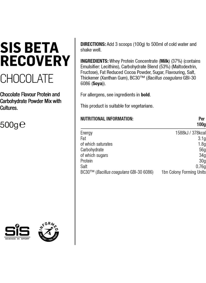 BETA Recovery Dual Source Recovery Drink, ADVANCE PROTEIN AND CARBOHYDRATE BLEND, SCIENTIFICALLY FORMULATED FOR POST ENDURANCE EXERCISE, 1:1 DUAL SOURCE 90 MINS ENDURANCE EXERCISE | Chocolate Flavour, 30g Protein per Serving, 500g