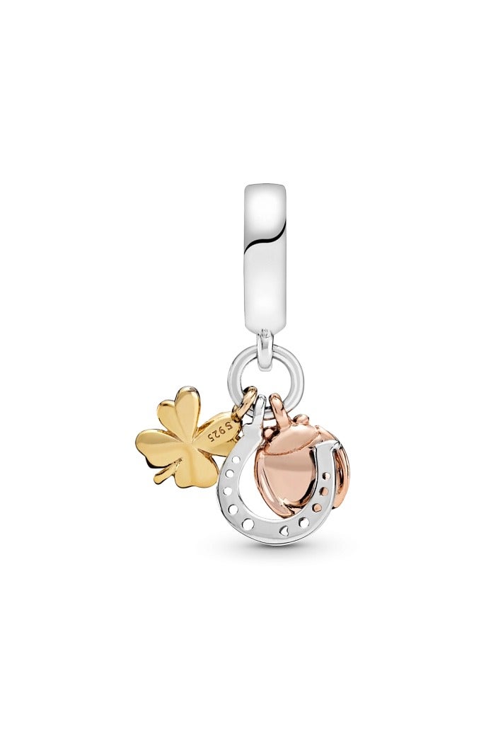 باندورا حدوة الحصان والبرسيم والدعسوقة من الفضة المطلية بالذهب عيار 14 قيراط والمطلية بالذهب الوردي عيار 14 قيراط مع زركونيا مكعب شفاف - Image 2