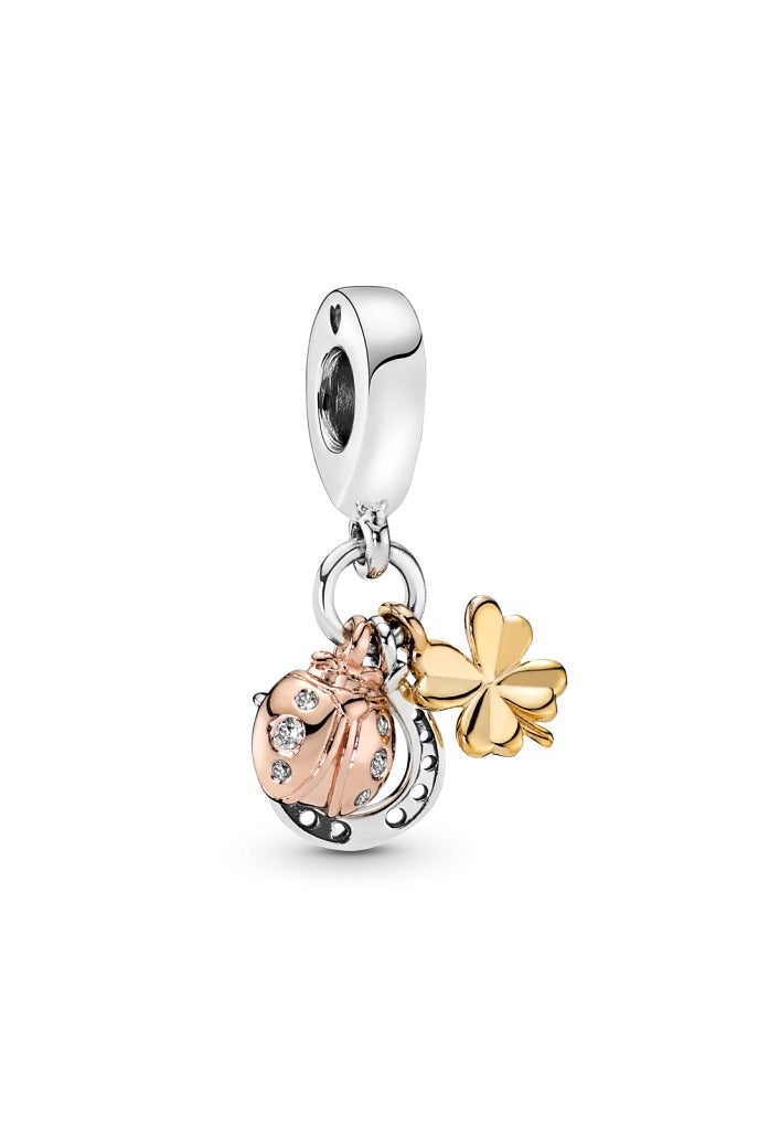 باندورا حدوة الحصان والبرسيم والدعسوقة من الفضة المطلية بالذهب عيار 14 قيراط والمطلية بالذهب الوردي عيار 14 قيراط مع زركونيا مكعب شفاف - Image 1