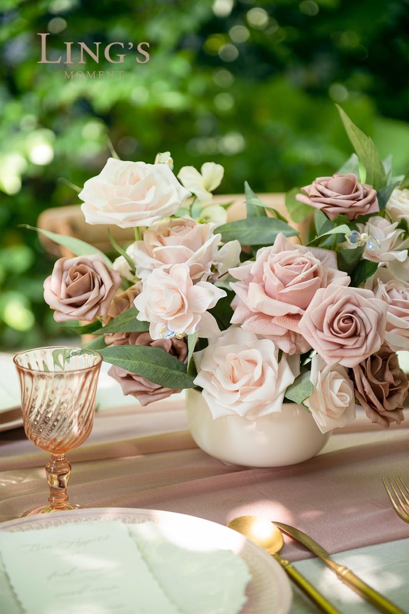 Ling's moment Ling's Moment Artificial Flowers Fake Silk Roses Faux Foam Flower Combo for DIY Wedding Bouquets Centerpieces Arrangements Bridal Shower Party Home Decorations  Dusty Rose & Cream  23pcs  - Image 3